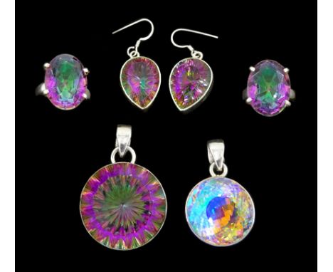Silver mystic topaz jewellery including two rings, pendant and pair of earrings and one other pendant, all stamped 925Conditi