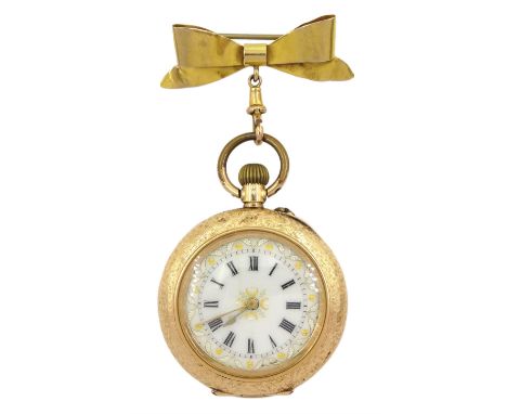 Early 20th century 14ct gold keyless cylinder ladies fob watch, enamel dial with Roman numerals, stamped 14K, on 9ct gold bow