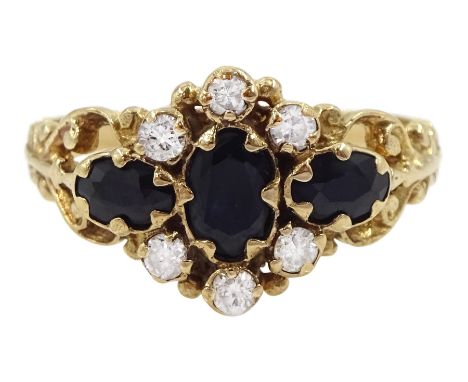 9ct gold sapphire and diamond cluster ring, London 1979Condition Report:Approx 3.05gm, size Q-R, head depth = 11.5mm, well pr