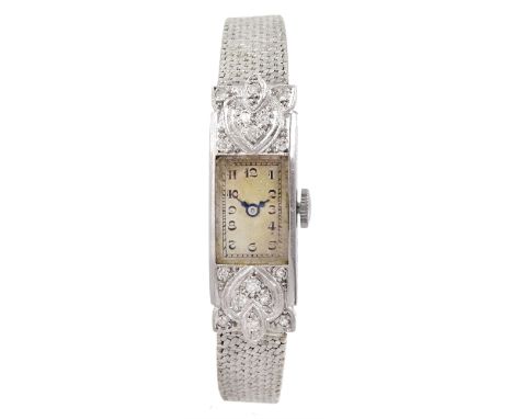 Louis Watch Company Art Deco ladies platinum diamond manual wind wristwatch, on later 9ct white gold bracelet, Birmingham 196