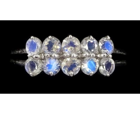 9ct white gold two row moonstone ring, hallmarkedCondition Report:Approx 2.45gm, size N, good condition