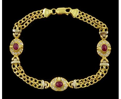 18ct gold cabochon ruby and cubic zirconia, flattened curb link chain necklace,s stamped 750Condition Report:Approx 12gm, tes