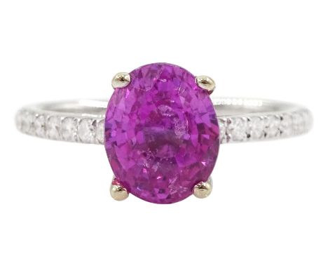 18ct white gold oval cut pink sapphire ring, with diamond set shoulders, hallmarked, sapphire approx 2.80 caratCondition Repo