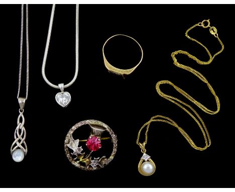  9ct gold cultured pearl and diamond pendant necklace, 9ct gold single stone onyx ring, silver thistle brooch and two silver 