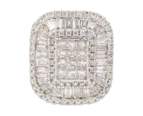 White gold round brilliant cut and baguette cut diamond cluster ring hallmarked 9ct, total diamond weight 3.55 carat, with Wo