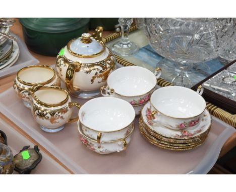 A tray comprising five Paragon English Rose soup mugs and saucers and a Chelsea Gibsons three piece teaset 