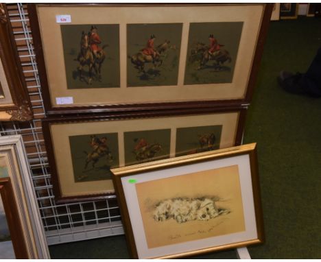 After A.J. Gough, a set of six hunting prints, framed as a pair; together with a print after Lucy Dawson "Bustle doesn't Care