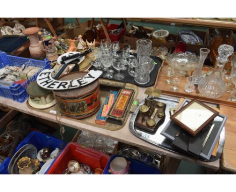 Two trays inc. vintage postcards, printing  blocks, vintage painted tin plate child's gramophone (a/f), vintage child's drum,