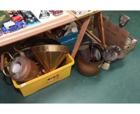 A box containing a large quantity of copper and brass, tog. with a 19th Century copper helmet form coal scuttle, bellows, sca