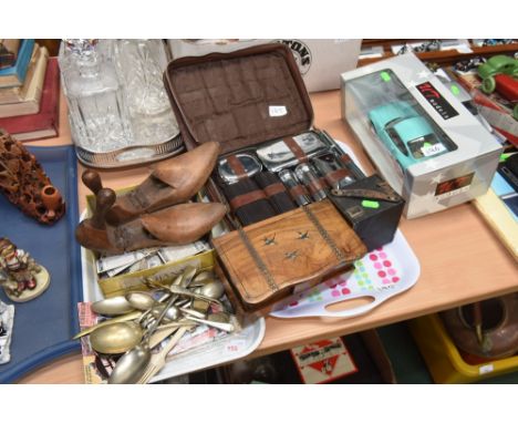 Two trays inc. Masonic badges, cigarette cards, vintage camera, shoe trees, marquetry inlay jewellery box painted with swifts