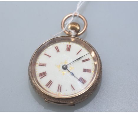 A Continental lady's 9ct gold open face fob watch, the cream enamel dial with Roman numerals, the case with foliate scroll en