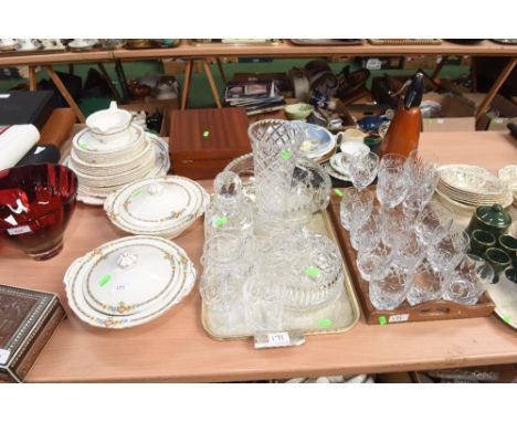 A partial 1950s dinner service; tog. with two trays of cut and pressed glass inc. centre bowl, cheese dome, decanter, wines e