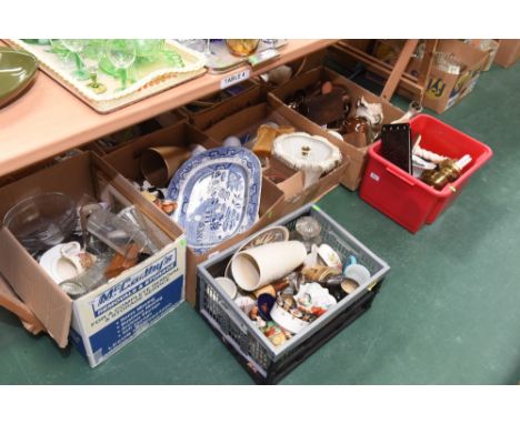 Six boxes inc. 19th Century old Willow pattern meat plate, silver plated goblets, continental porcelain figures, Bells novelt