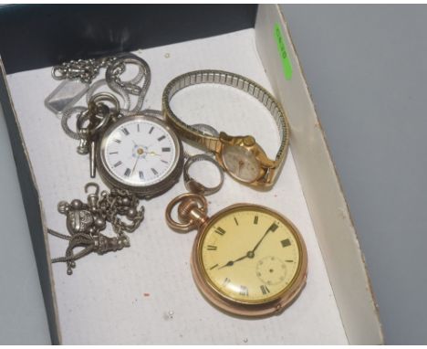 A group comprising silver ring, silver watch chain, lady's gilt metal wristwatch, gilt metal pocket watch, French silver pock
