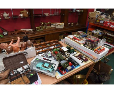 A Hornby Flying Scotsman set (boxed), a group of model vehicles and motorbikes, a group of vintage dolls etc