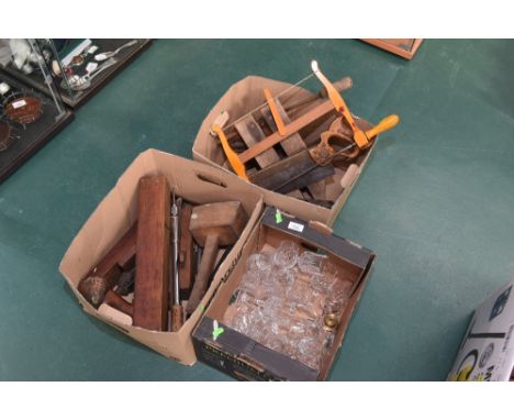 Four boxes inc. vintage joiners tools, drinking glasses etc