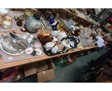 Seven trays inc. a 1970s coffee service, cut glass decanters and wines, novelty teapots, silver plate flatware, Wedgwood Jasp