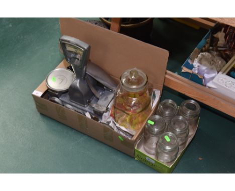 A set of vintage grocer's scales tog. with confectionary jars