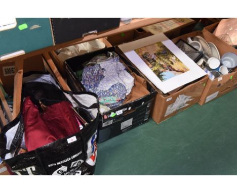 Three  boxes inc. curtain fabrics, vintage handbags and framed articles