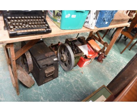 A 1950s bore hole pump and engine with original paperwork; tog. with block and tackle, Landrover bottle jack and wheel brace,