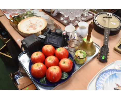 A tray inc. a vintage school bell etc