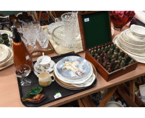 A group of carved stone chess pieces, tog. with a tray inc. a Meerschaum pipe and Crown Devon jug