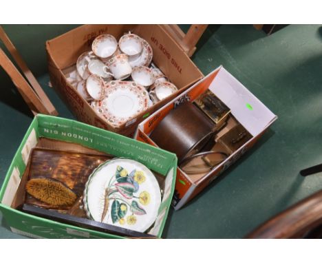 Three boxes inc. two carriage clocks, a 1930's oak mantel clock, partial tea service, faux tortioseshell dressing table set