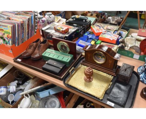 Two trays inc. mantle clock case, brass tray, vintage shoes, money box etc.
