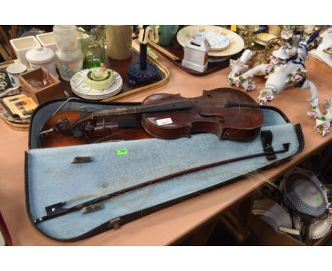 A "Stradivarius" Made in Czechoslovakia violin, cased with bow; together with another violin (both a/f) (2)