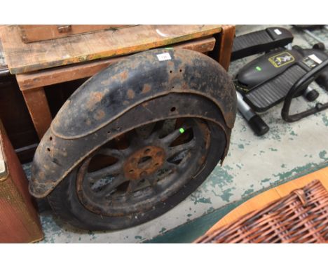 Classic & Vintage Automotive: a three stud cast artillery wheel (poss. from a Morris 500x19) tog. with two vintage motorcycle