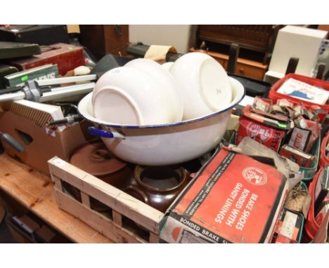 A box containing enamel pail, champagne buckets etc