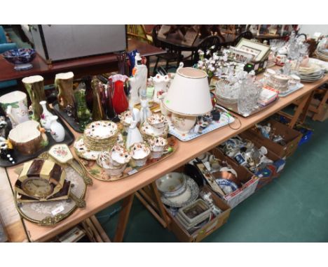 Five trays inc. a 1920's mantle clock (a/f), needlework backed dressing table set, Edwardian tea service, Spanish porcelain f