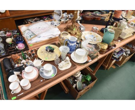 Three trays inc. stoneware jug, Staffordshire money bank, Royal Worcester blush ivory vase (lacking cover) a Susie Cooper par