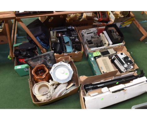 Six boxes inc. a quantity of vintage photographic equipment, cased binoculars, a group of slide projectors, a Tasco telescope