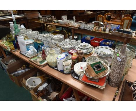 Four trays inc. a 1950's Crown Devon crab dish, Crown Devon plates of similar vintage, a good quality scroll cast silver plat