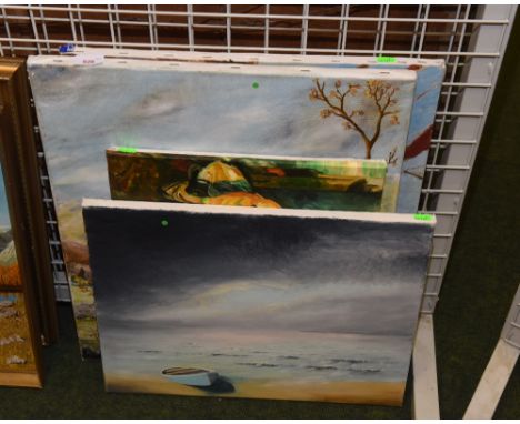 A group of four oils on canvas, seascape, portrait etc.