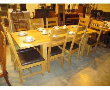 Modern Oak Extending Dining Table with 2 Leaves and 8 Ladder Back Chairs, table 160x90cm, each leaf 35cm, Ex Gillies Broughty