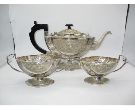 Sterling Silver Indian 3 Piece Tea Service Ornately Embossed and Chased with Country Scenes, 1528g, in Original Fitted Case F