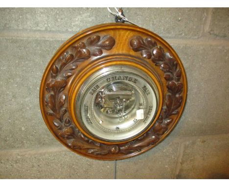 Carved Walnut Cased Aneroid Barometer