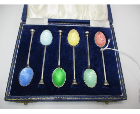 Cased Set of 6 Silver and Enamel Coffee Spoons, Birmingham 1961-1963