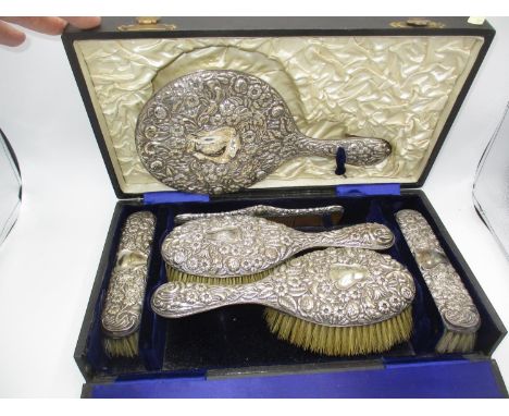 Cased Silver Back 6 Piece Dressing Table Set, Chester 1908