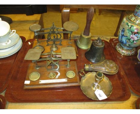 Two Sets of Postal Scales, 2 Bells, Candlestick and Part Powder Flask