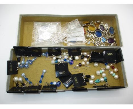 Collection of Sterling Silver Jewellery Comprising, 17 Pairs of Earrings with Cultured Pearls, 25 Pendants and 2 Bags of Silv