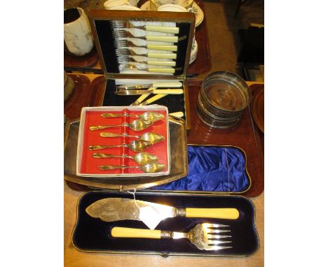 Silver Plated Basket, Pair of Decanter Coasters Cased Fish Servers and Cutlery