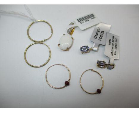 9ct Gold White Opal Pendant, 2 9ct Gold Stone Set Pendants, 2 9ct Gold Stone Set Pendants and 2 Pairs of Ear Hoops