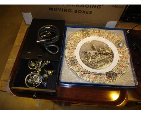 Royal Worcester Cathedral Plate, Lockable Box and Costume Jewellery