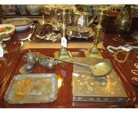 Two Eastern Cigarette Boxes, Japanese Dolls Set, Ladle and Pair of Candlesticks