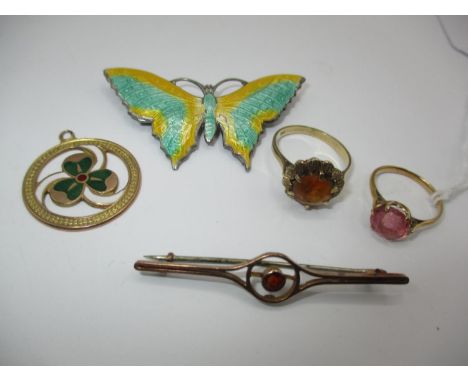 9ct Gold Single Stone Ring, 3.24g, 9ct Gold Clover Pendant, 4g, Unmarked Single Stone Ring, 2.16g, Unmarked Bar Brooch, 2.16g
