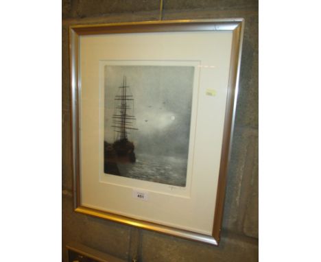 Bernd Hauck, (Born 1905), Etching, Sailing Ship in Moonlight, 80/350