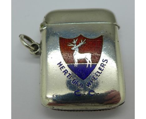 A Victorian silver vesta case, Birmingham 1898, with enamel logo, Hertford Wheelers C.C.